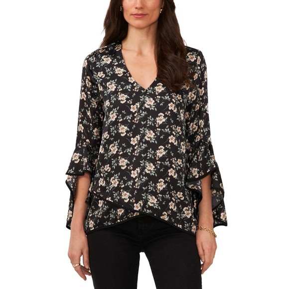 Vince Camuto Tunic Blouse Rich Black Floral Polyester, XXS - Picture 1 of 11